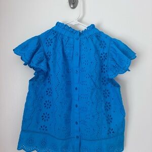 Blue Eyelet Ruffle Sleeve Blouse